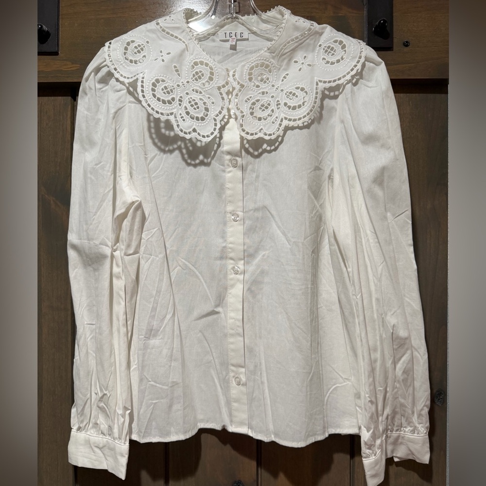 TCEC White Button Down Shirt with Lace PeterPan Collar